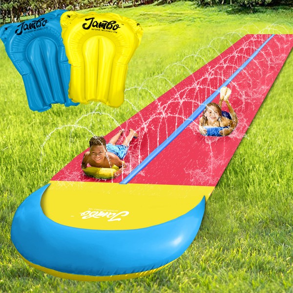 JAMBO 24Ft Extra Long Slip Splash and Slide (Double Lane, 24FT XL Slide) & 2 Bodyboards, Heavy Duty Water Slide Central Channel Sprinkler System with Inflatable Crash Pad, Splish and Splash Water Toys