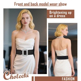 Choleeki Women's Elastic Rhinestone Belt Sparkle Crystal Stretchy Belts with Square Buckle for Dress Sweater (Square, L)