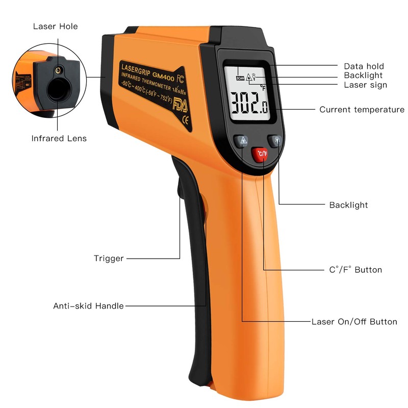 Kitchen Infrared Thermometer, -50°C to 400°C(-58°F to 752°F) Digital Laser