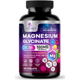 Nature's Nutrition Magnesium Glycinate 500 mg - Natural, High Absorption Magnesium Tablets Chelated for Muscle, Nerve, Bone & Heart Health Support - Nature's Non-GMO, Gluten Free, Vegan Supplement - 120 Tablets