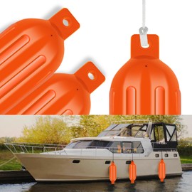 VEITHI Boat Fenders 4 Pack, Ribbed Twin Eyes Vinyl Boat Fenders Bumpers, Boat Bumpers for Docking Come with Ropes Needles and Pump to Inflate, Small Bumpers of Boats 4.5 x 16 inch Neon Orange