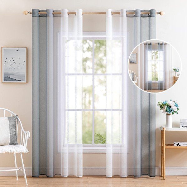 MIULEE Set of 2 Voile Curtains, Two-Tone Curtain with Eyelets, Transparent Curtain, Eyelet Curtain, Translucent Window Scarf for Bedroom 140 x 245 cm, Grey