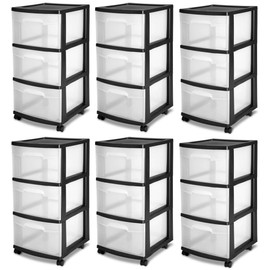 Sterilite 6 Pack Plastic Storage Organizer, 3 Drawer Rolling Bin Cart, Closet Organization, Black