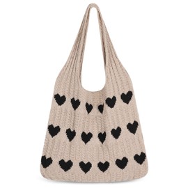 Sightor Crochet Tote Bag, Mesh Beach Bag Knit Summer Hobo Bag Vacation Boho Tote Bag for Women (C-Khaki Black Heart)