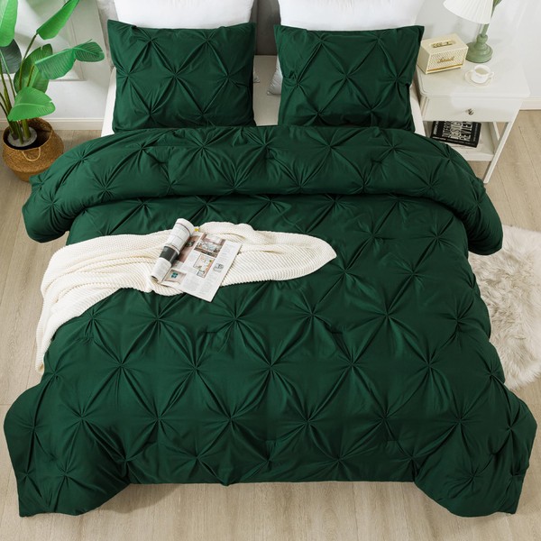 Andency Dark Green Pinch Pleated Comforter Queen(90x90Inch), 3 Pieces(1 Pintuck