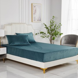 Damier Plush Fitted Sheet 180 x 200 x 30 cm Petrol Blue Winter Warm Fluffy Bed Sheet Cashmere Touch Fitted Sheet Suitable for 30 cm Mattress