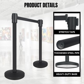 QKA Crowd Control Barriers with 16.4' Retractable Belt 2Pack Stainless Steel Stanchion Posts Queue Line Pole Stanchions, Black