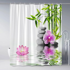 Zen Shower Curtain Spa Garden Bamboo Meditation Stones Lotus Orchid Flower Spring Pink Floral Japanese Style Relaxation Bathroom Decor Polyester Fabric Curtains Set with Hooks 70Wx70H Inch