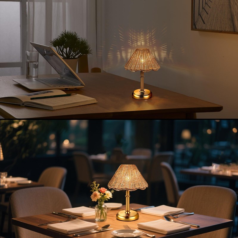 Folux Mini Cordless Boho Rattan Table lamp, 5200-mAh Rechargeable Battery,