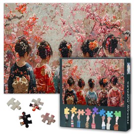 1000 Piece Jigsaw Puzzle for Adults, Japanese Women in Traditional Kimono Under Cherry Blossom Trees, Sakura Season Cultural Art, Vibrant Spring Landscape Wall Decor Challenging 27.5x19.7 Inch Puzzle