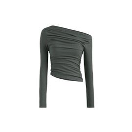 CIDER Women's Asymmetrical Top Off The Shouler Long Sleeve Shirts Ruched Going Out Crop Tops: Grey, XS