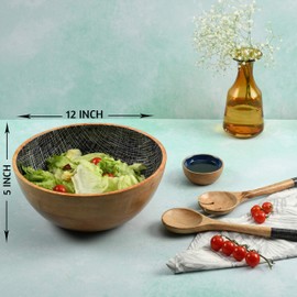 Folkulture Salad Bowl or Wooden Bowls with Serving Tongs, Large for Fruits, Cereal or Pasta, Large Mixing Bowl Set, 12" Diameter x 5" Height, Mango Wood, Blue