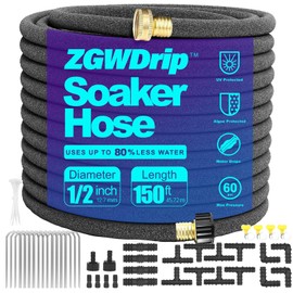 ZGWDrip Soaker Hose 150 FT,1/2 Inch Soaker Garden Hose with 3/4" Solid Brass Connectors Save 80% Water Drip Irrigation Kit for Lawn/Yard Landscaping beds