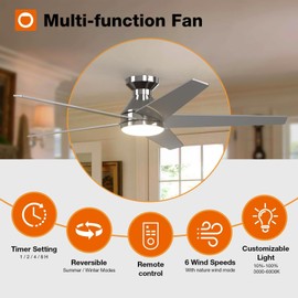 addlon Ceiling Fans with Lights, 52 inch Low Profile Ceiling Fan with Light and Remote Control, Flush Mount, Reversible, 3CCT, Dimmable, Noiseless, Nickel Ceiling Fan for Bedroom, Indoor/Outdoor Use