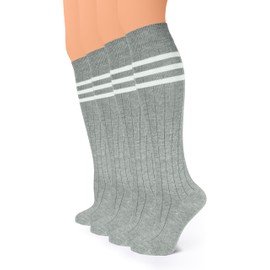 HUGH UGOLI Women Cotton Knee High Socks with 3 Stripes, Long Dress School Uniform Socks for Girls, Boot Socks, Shoe Size 5-8, Light Grey, 4 Pairs