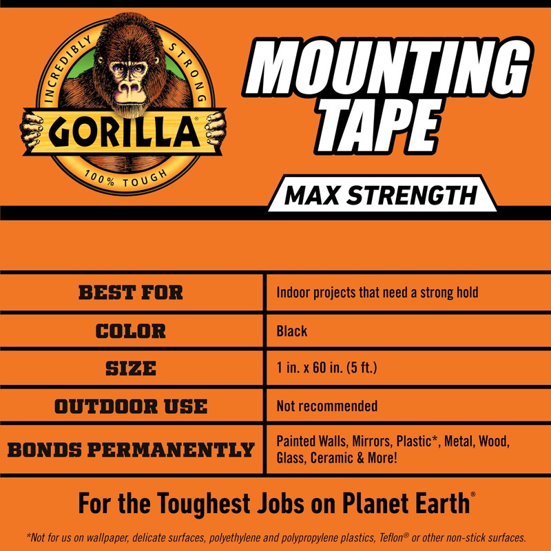 Gorilla® Max Strength Mounting Tape, Double-Sided, Instant Hold, Permanent Bond