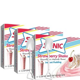 Sønic Strawberry Shake Instant Pudding Mix (3-Pack, 3.03 oz Boxes) with Candy Freezer Mini Metal Shovel Spoons (Strawberry Flavor) – Creamy Dessert Treat – Metal Spoons