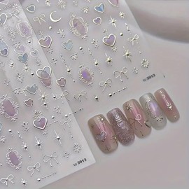 Heart Moon Nail Art Stickers Decals 3D Silver Star Bow Nail Decals Star Moon Bow-Knot Totem Luxury Design Nails Adhesive Sliders Shiny Manicure Accessories for Women Girls Nail Art Decorations