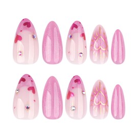 Short Almond Press on Nails Cat eyeFake Nails French False Nails Pink Artificial Nails with Rhinestone and Gold Heart Designs Glitter Handmade Nails Cute Stick on Nails for Women 24pcs