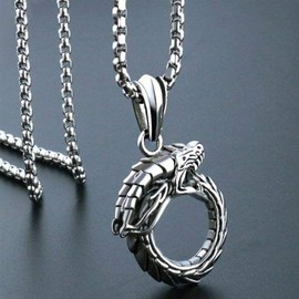 THJEW Cool Snake Dragon Pendant Necklace for Men,Cool 316L Stainless Steel Retro Vintage Punk Biker Gothic Sugar Cocktail Party Pendant Necklace Jewelry Gift for Him (Necklace_C)