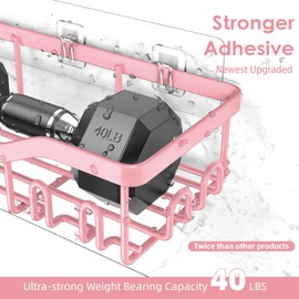 NESOMI Shower Caddy Adhesive Shower Organizer 7-Pack, Rustproof Stainless Steel Bathroom Shelves, Large Capacity No-Drill Rack Storage Accessories with Soap Dish Toothbrush Holder Hooks (Pink)