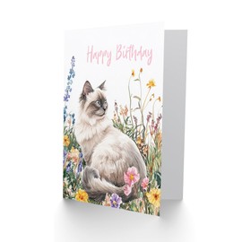 Artery8 Birthday Card Ragdoll Cat Lover Pet and Wildflowers Watercolour Blank For Him Or Her Art Greeting Card