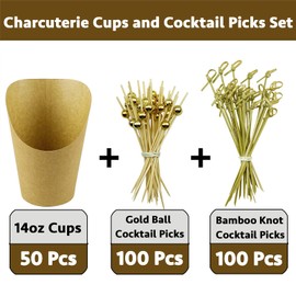 CAMKYDE [50 cups + 200 picks] 14 oz Disposable Charcuterie Cups with Sticks (Brown)