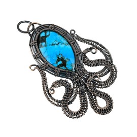 Stunning Octopus Shaped Wire Wrap Y-Necklace with Blue Turquoise Gemstone Pendant - Handmade in India with Pure Copper Wire