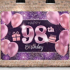 PAKBOOM Happy 98th Birthday Banner Backdrop - 98 Birthday Party Decorations Supplies for Women - Pink Purple Gold 4 x 6ft