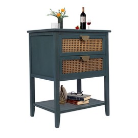 Hdxdkog Rattan Nightstand, Bedside Table, Modern Wood Accent End Table with 2 Drawers and Storage Shelf for Living Room or Bedroom (Green)