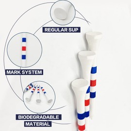 FINGER TEN Golf Tees Wood 2 3/4 Inch 50 Count, Durable Biodegradable Wooden Bamboo Tee 70mm (White&Blue&Red, 2 3/4 Inch(50 Pack))