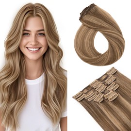 TESS Seamless Clip in Hair Extensions Human Hair Remy Clip ins Natural Soft Straight 8pcs 18Clips, 12 Inch, Chocolate Brown Mixed Light Brown