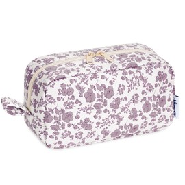 Narwey Cute Makeup Bag Small Toiletry Bag Travel Cosmetic Bag Organizer Make Up Bags with Organized Pockets for Women (Little Dusty Pink Flower, Large)