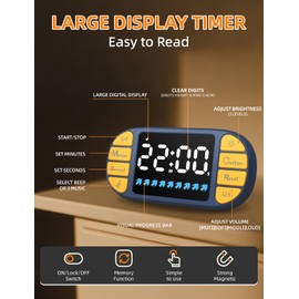 DOOMAY Digital Kitchen Visual Timer: 3.6'' Large LED Display, Magnetic, 3 Brightness, 4 Alarms and Volume, Memory Function, Countdown Count up for Cooking, Classroom, Home Gym, AAA Battery Included