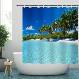 YISURE Shower Curtain Sea Beach 180 x 180 cm, Ocean Palm Trees Shower Curtain Bathtub Textile Mould Resistant Machine Washable with 12 Metal Eyelets Width 180 x Height 180 cm
