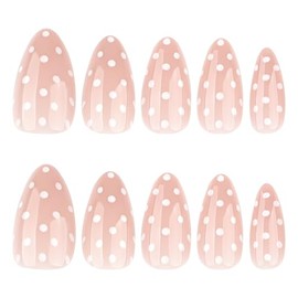 Uñas postizas cortas de lunares color rosa almendra nude con lindos diseños de puntos blancos, 24 piezas reutilizables con pestañas adhesivas, acrílic