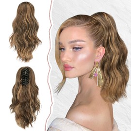 SOFEIYAN 14" Ponytail Extension, Short Wavy Claw Clip in Ponytail Hair Extension Synthetic Hairpieces Honey Blonde Mix Light Brown Layered Natural Fluffy Curly Drawstring Ponytail Hair Piece for Women