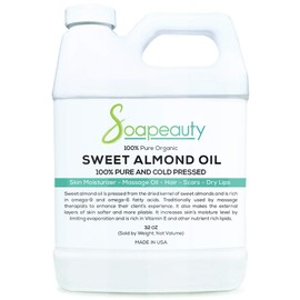 SWEET ALMOND OIL Cold Pressed Unrefined | 100% Pure Natural Available in Bulk | Carrier for Essential Oils, Moisturizer for Skin, Face & Hair, Soap Making | 32 OZ