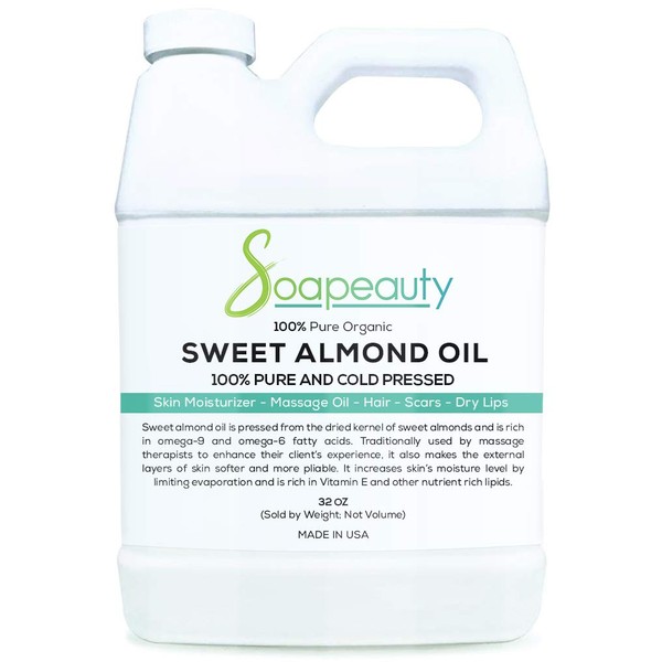 SWEET ALMOND OIL Cold Pressed Unrefined | 100% Pure Natural Available in Bulk | Carrier for Essential Oils, Moisturizer for Skin, Face & Hair, Soap Making | 32 OZ