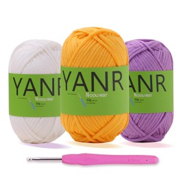 Crochet Yarn for Beginners -Cotton Chunky Yarn for Crocheting Knitting Beginners with Easy-to-See Stitches Beginner Yarn for Crocheting and Knitting Crochet Kits(3x50g)-White+Yellow+Light Purple
