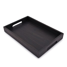 EDHAS Acacia Wood Rectangle BLACK Serving Tray for Breakfast Dinner Drinks Kitchen Dining Living Bathroom With Handle (15" x 10" x 1.6")