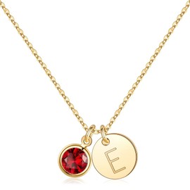 Hidepoo Initial Birthstone Necklace for Women, 14K Gold Plated Disc Initial E Necklace Garnet Birthstone Necklace Disc Pendant Necklace January Birthstone Jewelry Gifts for Women