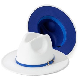 Lisianthus Women White Fedora Wide Brim Panama Hats with Color Belt Buckle (White & Royal Blue/Royal Blue Belt)
