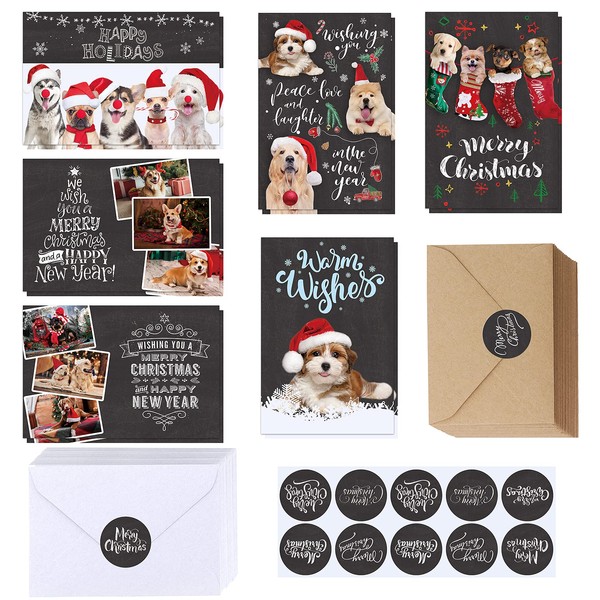 120 Sets Christmas Cards Holiday Cards with Envelopes Stickers Assortment Bulk 6 Designs Chalkboard Vintage Merry Christmas Cards Holiday Greeting Cards for Xmas Season Winter Festival Happy New Year