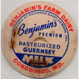 Milk Bottle Cap - Benjamin's Farm Dairy - Conowingo, Maryland - GUERNSEY MILK-DE