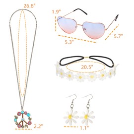 Dicunoy 5 PCS Hippie Costume Accessories, 70s Hippie Costume Set, Daisy Flower Headband and Earrings, Sunglasses, Peace Sign Pendant Necklace Jewelry for 60s 70s Theme Groovy Party