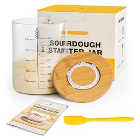 rorecay 50oz Sourdough Starter Kit with Time Keeper, High Borosilicate Glass Sourdough Starter Jar, Wide Mouth Sour Dough Crock with Lid & Spatula & Recipe for Beginners and Professional Bakers