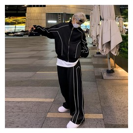 D.IIZOO E1230C Men's Zip-up Blouson Jersey Top and Bottom Set, Set of 2, Sportswear, Street, Korean, Pampering, Casual, Loose, Large Size, Black