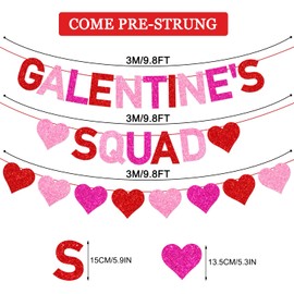 JKQ Glittery Galentine’s Squad Banner and Red Pink Rose Red Glitter Hearts Banner Galentine's Day Banner Garland Girls Ladies Galentines Day Party Decorations for Valentines Day Party Supplies