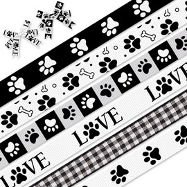 6 PCS Paw Print Grosgrain Ribbons 3/8" Black White Decor Ribbons 3 Yards, Dog Animal Paw Print Dog Bone Craft Ribbons for Dog Themed Party Favor Decoration Holiday Gift Packaging DIY Supplies